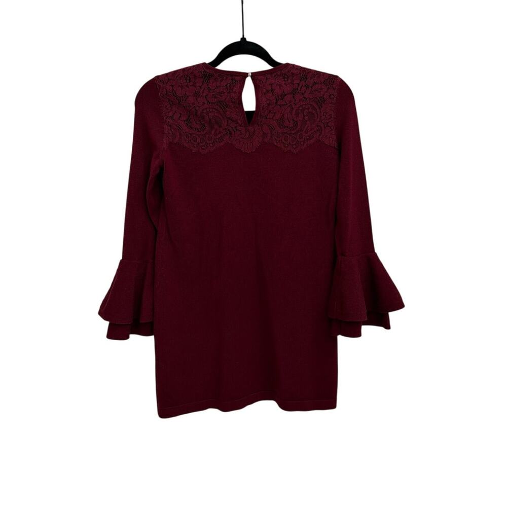 White House Black Market Bell Sleeve Ruffle Feminine Lace Burgundy Blouse XS - Picture 2 of 5